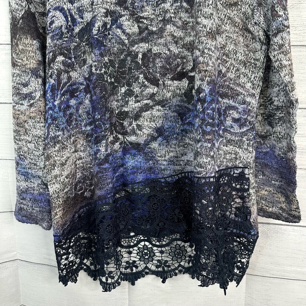 One World Women Large Lace Hem Knit Floral Sweater Tunic Artsy Hippie Lagenlook - Picture 4 of 12